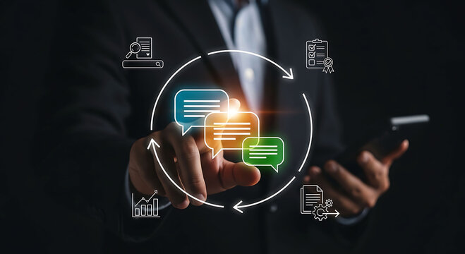 Businessman using smartphone for digital communication and feedback loop workflow