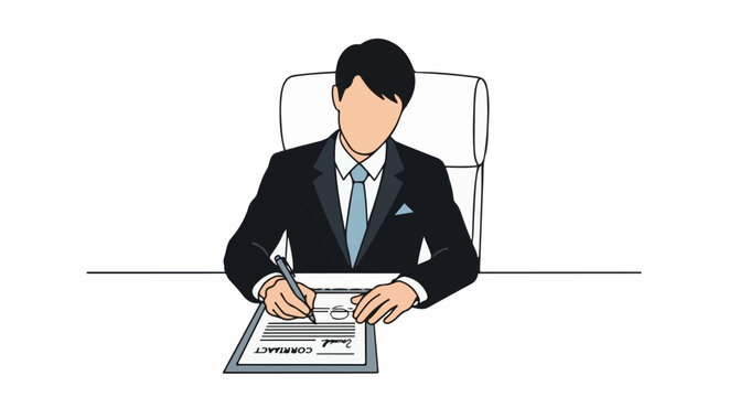 Businessman signing a contract while seated at a desk in an office