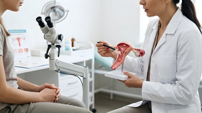 Female Gynecologist Doctor Explaining Uterus Anatomy Model to Woman Patient During Consultation in Modern Clinic Reproductive Health Womens Healthcare Medical Examination