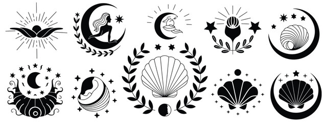 Ocean witchy magic illustration set sea symbols mermaid seahorse seashell water goddess tattoo vector design © MDRifat