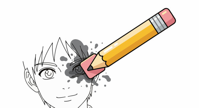 A yellow pencil with a pink eraser is erasing a black smudge from an anime-style face