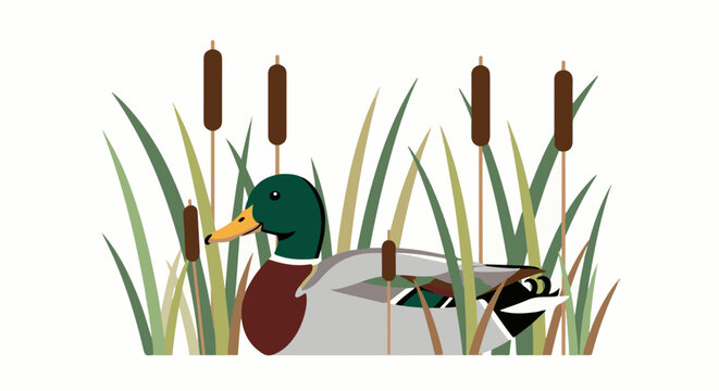 A mallard duck rests among reeds and cattails, with its head turned left