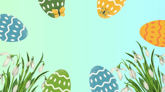 Animated happy easter day greeting with colorful decorated eggs and foliage. Colorful Easter eggs and butterflies near flowers