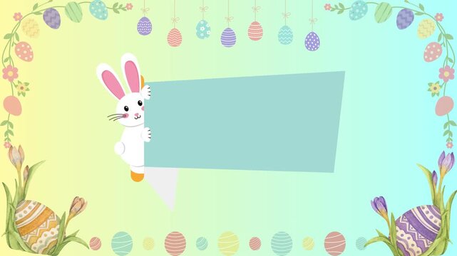 Animated happy easter day greeting with colorful decorated eggs and foliage. A cartoon Easter bunny holds a blank sign surrounded by colorful eggs and flowers