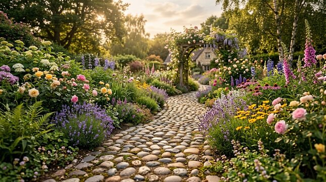 Beautiful garden pathway with vibrant flowers and lush greenery