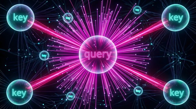 Abstract Digital Query Database Network with Glowing Pink Blue Neon Nodes Keys Connected by Energy Lines on Dark Background Data Search Technology Visualization