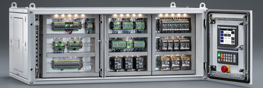 Industrialgrade lighting control enclosure with robust relay systems and dimmers designed for harsh environments and largescale facility lighting management.