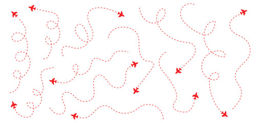 Airplane Route Icon Set with Dotted Flight Path Lines. Airplane line path icon set. Aircraft tracking, planes, travel, map pins, location pins. Romantic travel, heart dashed line trace and plane route © SKETCHY
