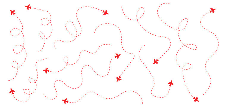 Airplane Route Icon Set with Dotted Flight Path Lines. Airplane line path icon set. Aircraft tracking, planes, travel, map pins, location pins. Romantic travel, heart dashed line trace and plane route