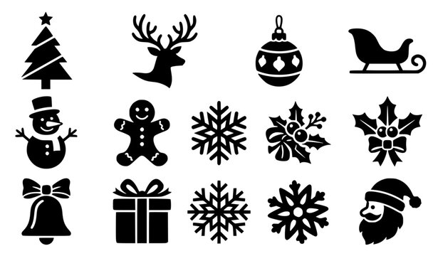 Bold black silhouette Christmas vector icon set with winter pine tree reindeer antler and snowflake shapes