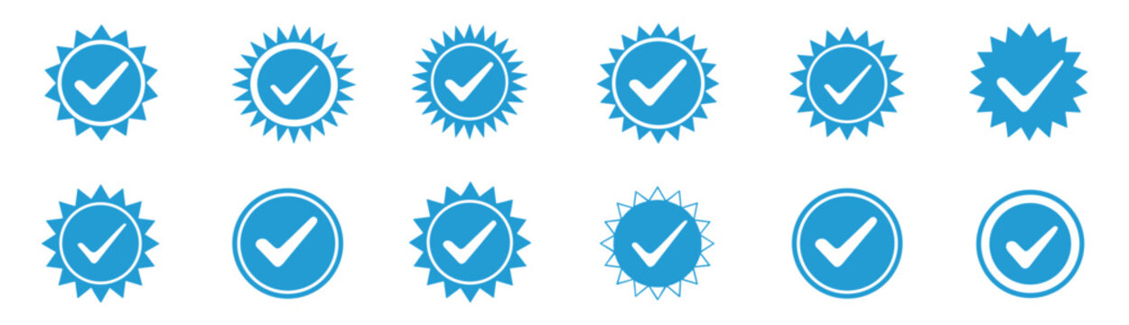 Set of twelve blue checkmark featuring various starburst and circular badge shapes with white tick symbols isolated on a white background