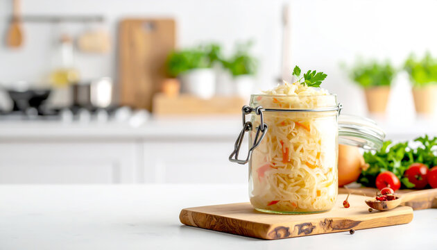 Sauerkraut im Glas in heller K&uuml;che