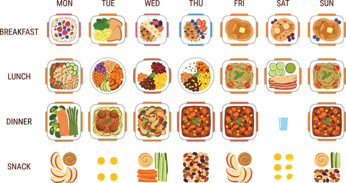 Weekly healthy meal planner vector infographic with breakfast lunch dinner snack schedule and balanced nutrition concepts