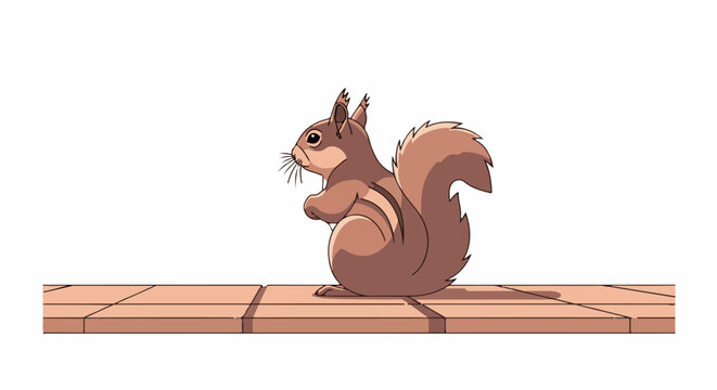 Adorable cartoon squirrel with fluffy tail sits on a wooden surface