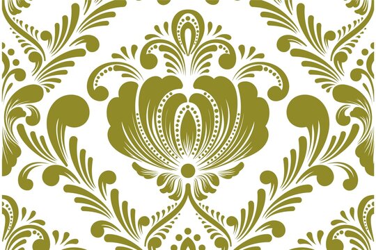 Green floral damask pattern on white background