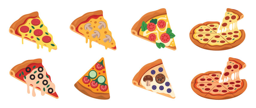 Set of eight pizza featuring various slices with pepperoni mushrooms tomatoes olives and whole pizzas with melted cheese strings isolated on a white background in a flat style