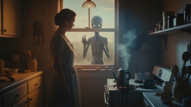 Woman looking at alien standing outside kitchen window. Eerie encounter with extraterrestrial life form in farmhouse setting. Science fiction scene exploring supernatural mystery and horror.