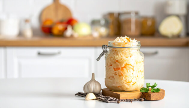Sauerkraut im Glas in heller K&uuml;che