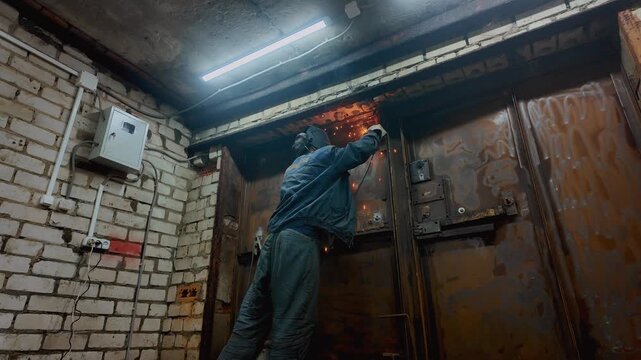 Low-angle view of a skilled industrial worker in a protective mask performing welding on a heavy-duty steel door inside a gritty workshop, with bright sparks flying from the intense heat
