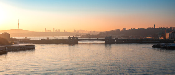 Obraz premium Sunset panorama view with the Bosphorus Great Mosques Harbour and another famous landmarks in the European and Asian parts of Istanbul Turkey