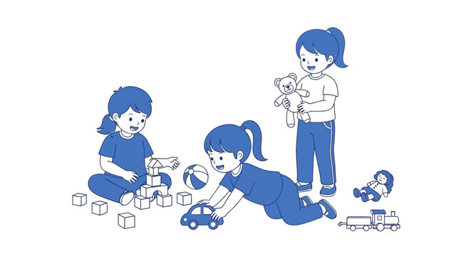 Children Playing With Blocks And Toys.