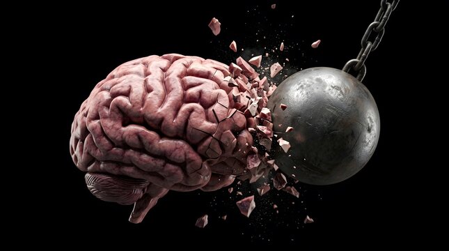 Human brain exploding and shattering after being hit by a heavy iron wrecking ball on black background