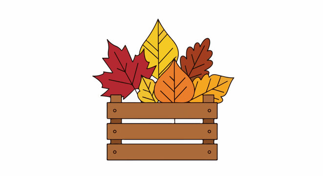 Autumn leaves in a wooden crate, a harvest decoration