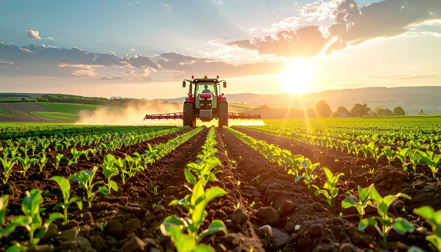 Traktor bearbeitet Ackerboden bei Sonnenuntergang