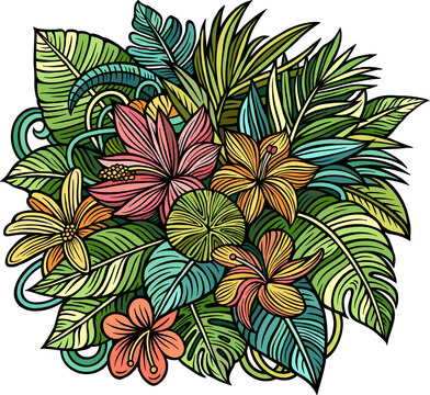 Tropical exotic leaves and flowers illustration