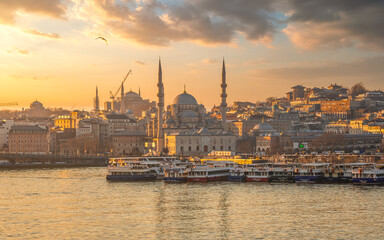 Obraz premium Sunset panorama view with the Bosphorus Great Mosques Harbour and another famous landmarks in the European and Asian parts of Istanbul Turkey