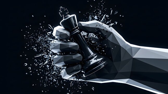 Low poly 3d illustration of a geometric dark hand crushing and gripping a black chess king piece with flying debris