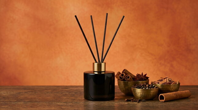Luxury reed diffuser with warm spices and cinnamon on wooden table, cozy aromatherapy setting