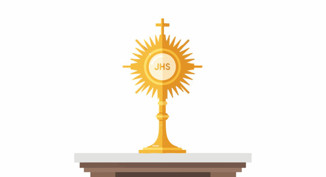 Golden religious relic with sunburst rays and cross on stand