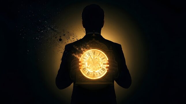 Back view silhouette of a business man holding a glowing vintage table clock bursting into dust
