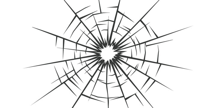 Black and white illustration of cracked glass with sharp radial lines and broken center point
