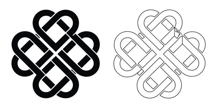 Outline silhouette Celtic shamrock knot heart love symbol set isolated on white background vector illustration