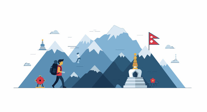 Flat illustration of a hiker and Buddhist stupas in a mountain landscape