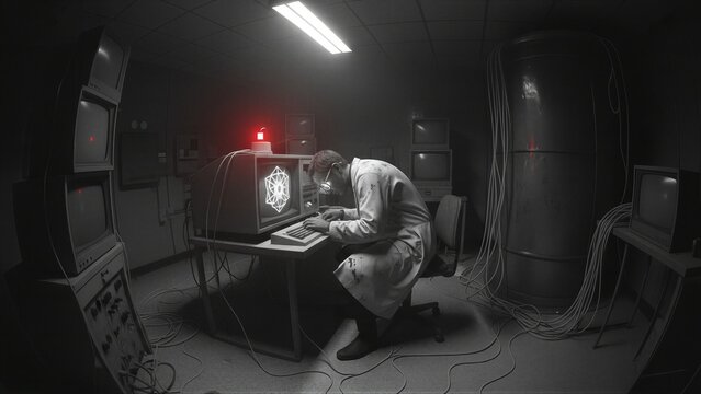 Scientist working on retro computer with mysterious geometric signal in underground lab. Man researcher analyzing ufo data. Paranormal activity investigation. Science fiction dark office.