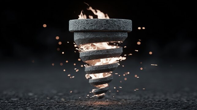 A spiral structure of stone rings with flames and sparks erupting from the top, set against a dark background.