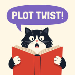 Shocked Cat Reading a Book with Plot Twist Speech Bubble Cartoon Funny Illustration © Satoru Sketches
