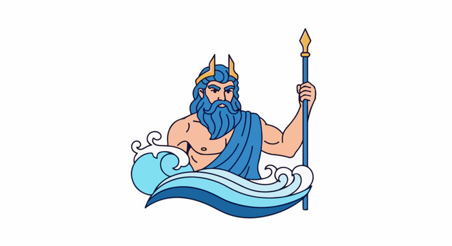 Muscular blue-bearded man with a trident stands in stylized ocean waves