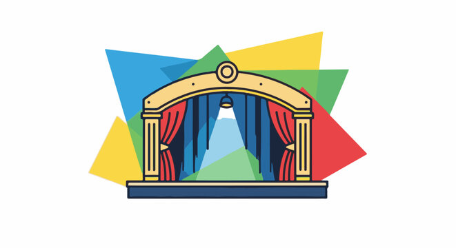 Colorful abstract shapes form a backdrop for a theater stage with curtains