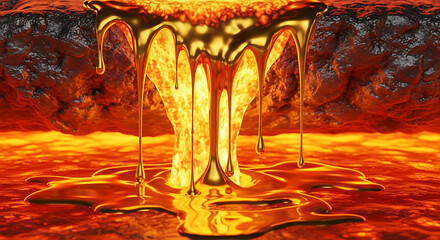 Obraz premium Liquid gold dripping down a volcanic rock formation on transparent background