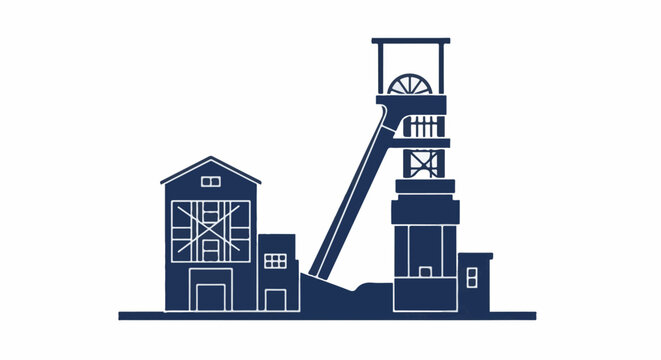Industrial silhouette of a coal mine headframe and adjacent buildings