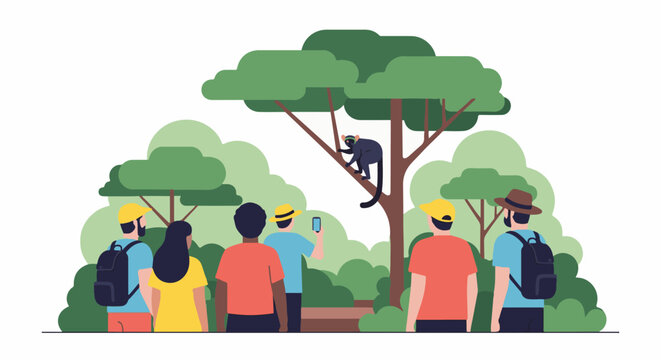 People observing a monkey in a lush green forest environment