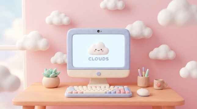 A cute, kawaii-style 3D desktop setup on a light wood desk against a soft pink wall. The pastel blue and cream computer has a smiling face on the bezel and displays a cartoon cloud with a happy face a