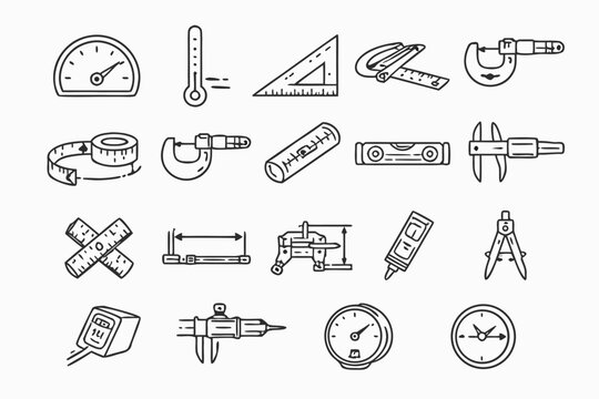 Measurement and Calibration Tool Icon Set in Minimalist Line Style Featuring Gauges, Rulers, Micrometers, Calipers, Spirit Levels, Thermometers, Pressure Meters, and Technical Drafting Symbols.