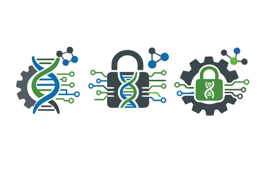 Scientific Hybrid Symbols Featuring DNA Strands with Circuit Lines and Molecular Structures Merged with Gears and Padlocks Representing Biotechnology Innovation and Genetic Data Security Design