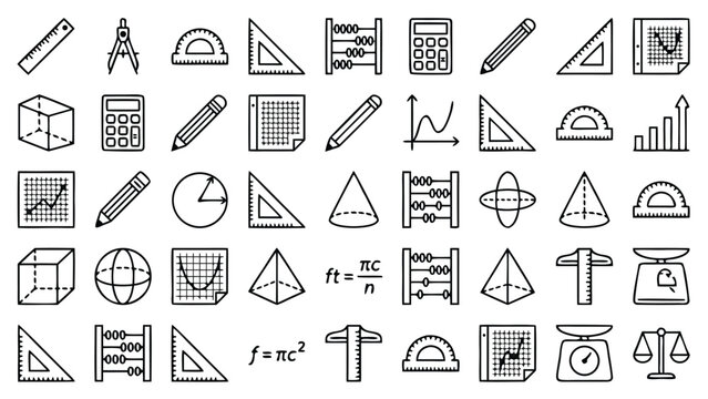 Minimalist Vector Set of Mathematics and Geometry Tools Line Icons. Features Ruler, Compass, Protractor, Abacus, Calculator, Pencil, Graph Paper, Cube, Pyramid, Sphere, Formulas, and Scales.