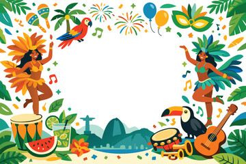 Fototapeta premium Rio Carnival Vector Illustration Background with Samba Dancers, Macaw, Toucan, Musical Instruments, and Rio de Janeiro Landmarks like Christ the Redeemer and Sugarloaf Mountain with Copy Space.